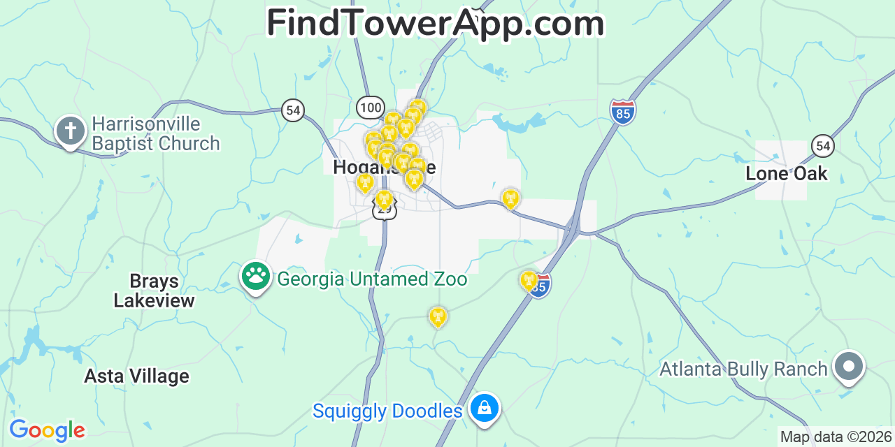 Map showing the 20 primary cell tower locations detected in Hogansville, Georgia from AT&T, Verizon, and T-Mobile networks