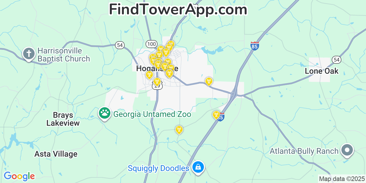 Map showing the 20 primary Mobitel cell tower locations detected in Hogansville, Georgia with coverage radius and signal strength indicators
