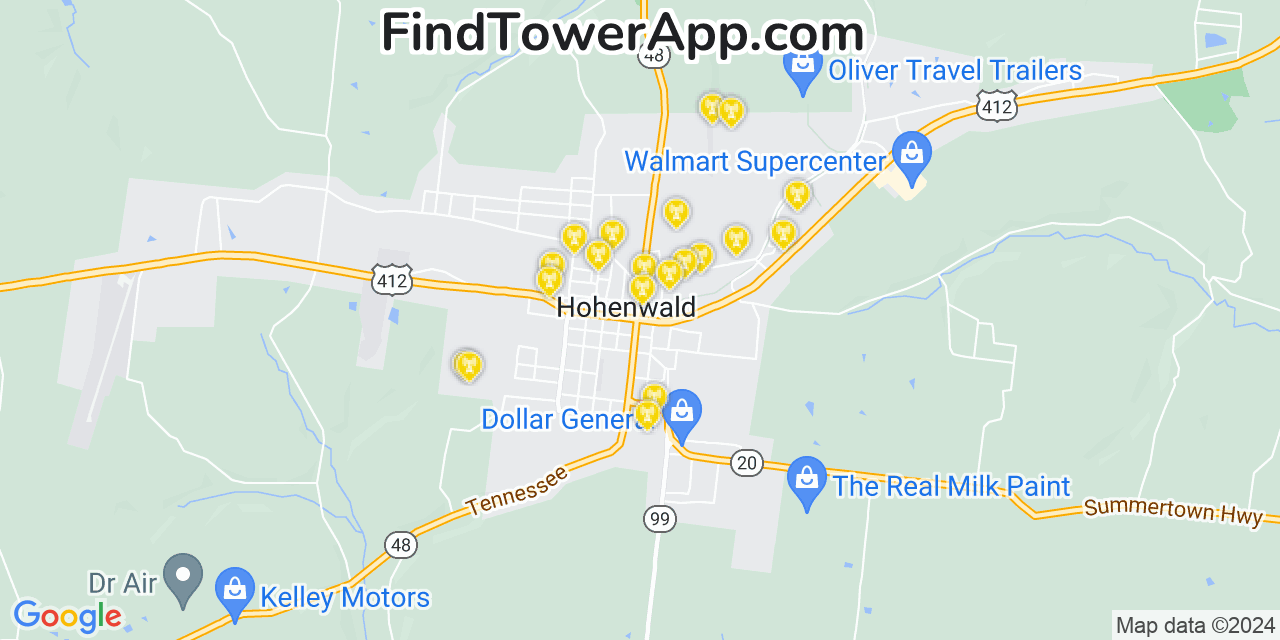 AT&T 4G/5G cell tower coverage map Hohenwald, Tennessee