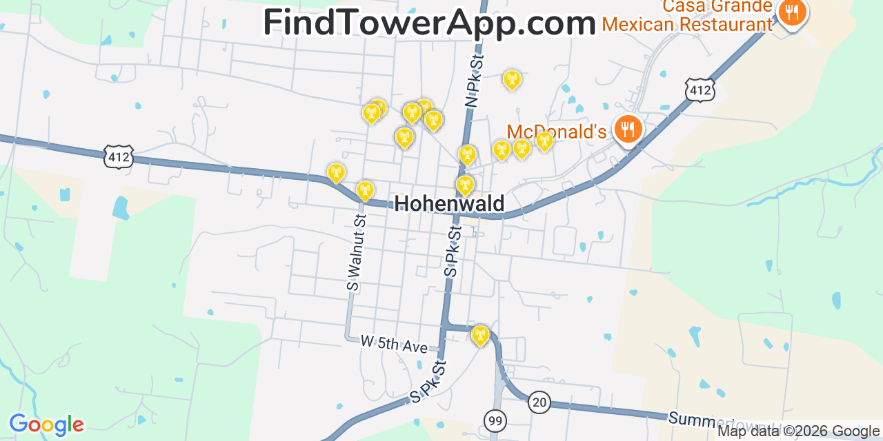 Map showing the 20 primary cell tower locations detected in Hohenwald, Tennessee from AT&T, Verizon, and T-Mobile networks