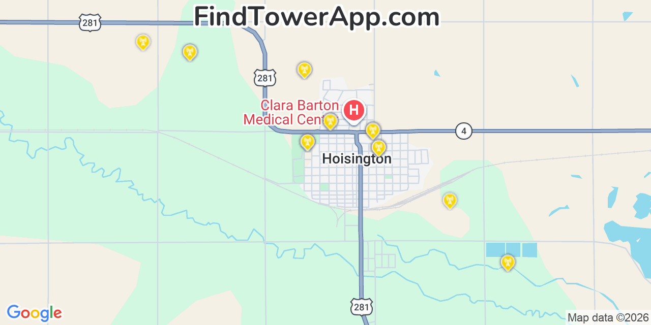 Map showing the 20 primary cell tower locations detected in Hoisington, Kansas from AT&T, Verizon, and T-Mobile networks