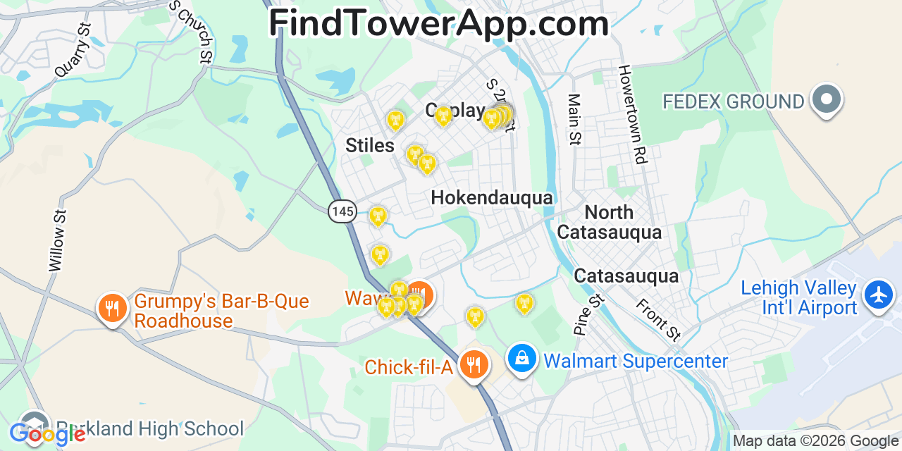 Map showing the 20 primary cell tower locations detected in Hokendauqua, Pennsylvania from AT&T, Verizon, and T-Mobile networks