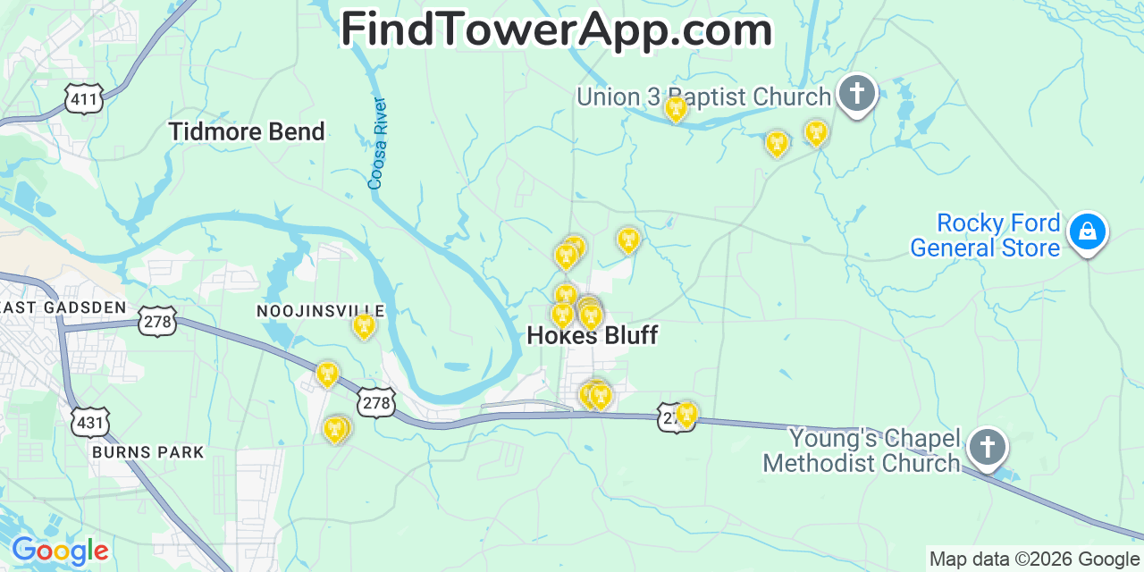 Map showing the 20 primary cell tower locations detected in Hokes Bluff, Alabama from AT&T, Verizon, and T-Mobile networks