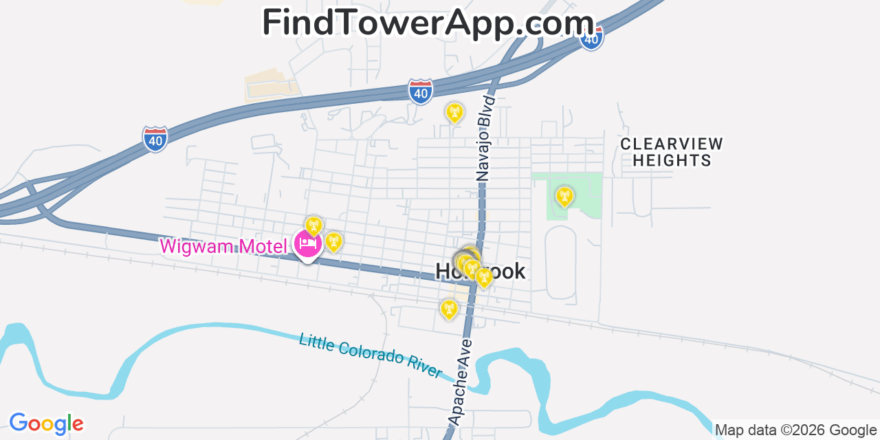 Map showing the 20 primary cell tower locations detected in Holbrook, Arizona from AT&T, Verizon, and T-Mobile networks