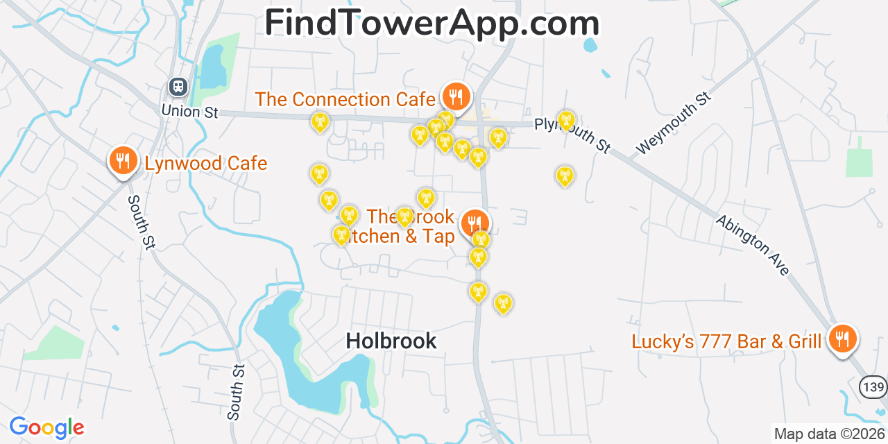 Map showing the 20 primary cell tower locations detected in Holbrook, Massachusetts from AT&T, Verizon, and T-Mobile networks