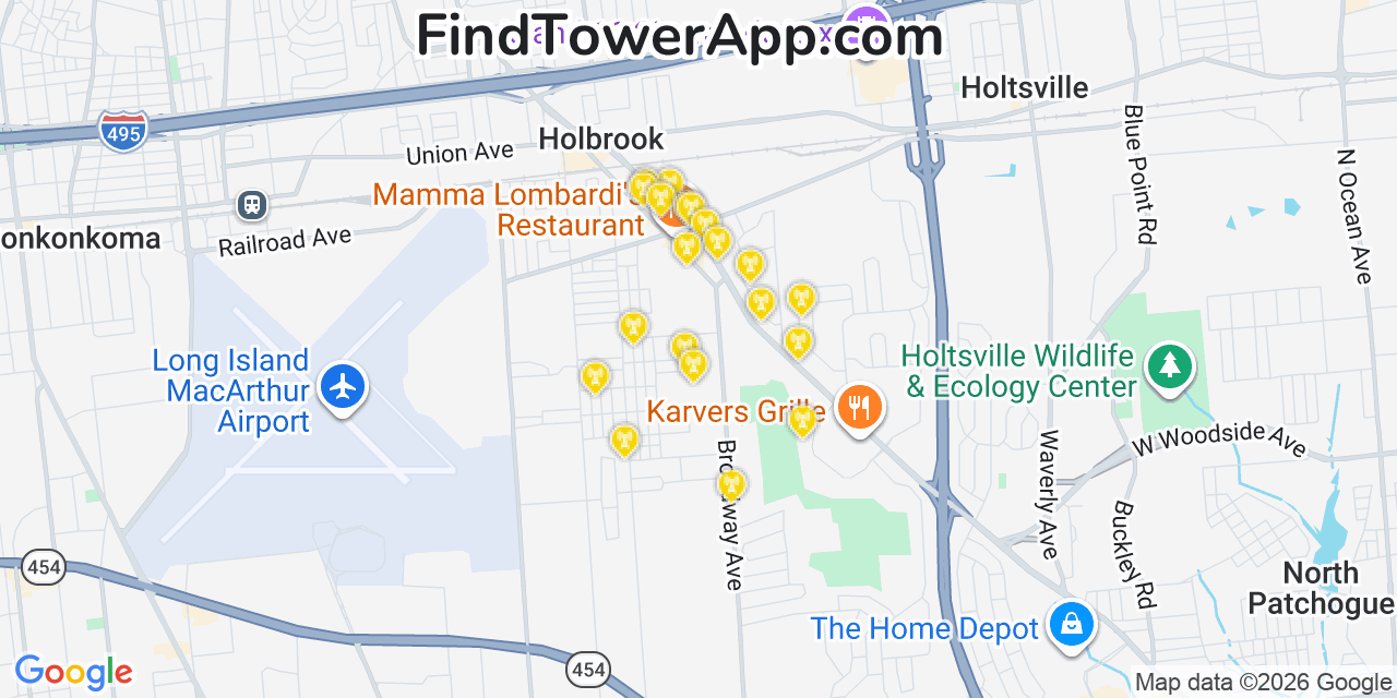 Map showing the 20 primary cell tower locations detected in Holbrook, New York from AT&T, Verizon, and T-Mobile networks