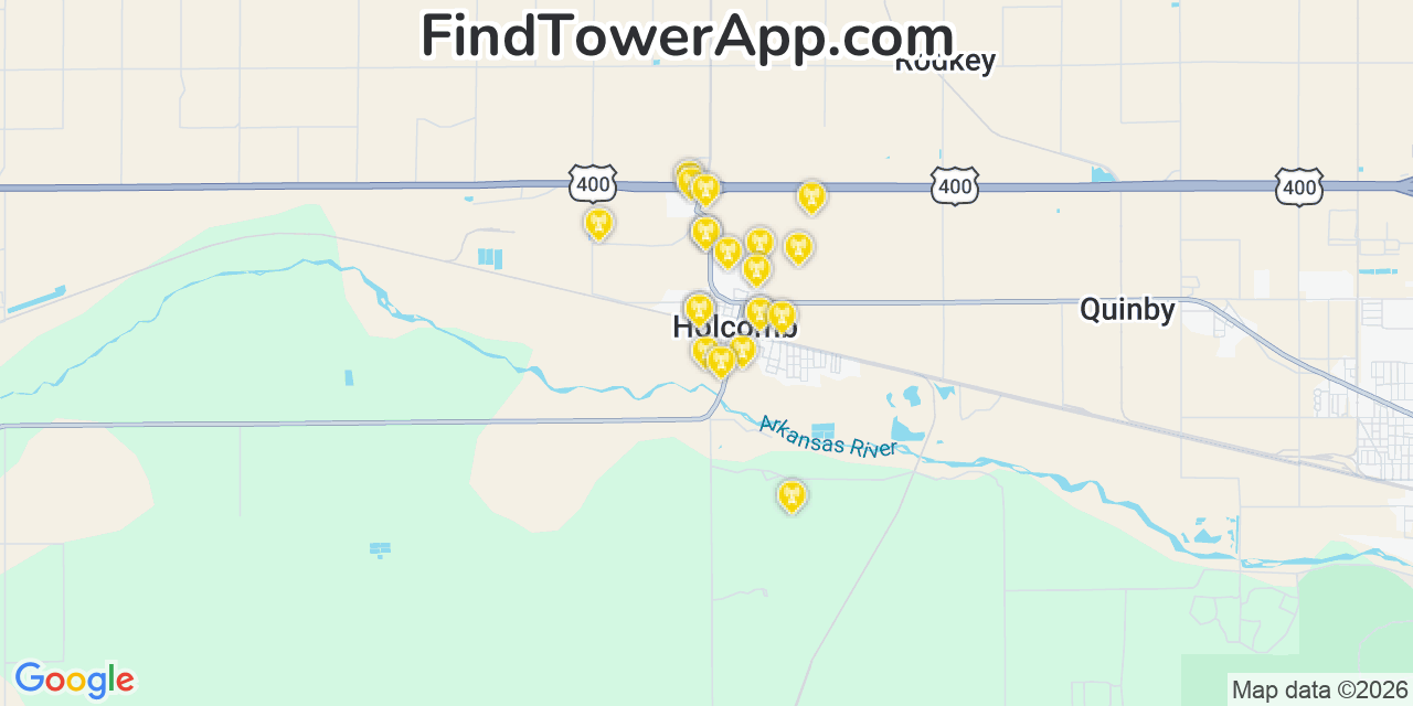 Map showing the 20 primary cell tower locations detected in Holcomb, Kansas from AT&T, Verizon, and T-Mobile networks