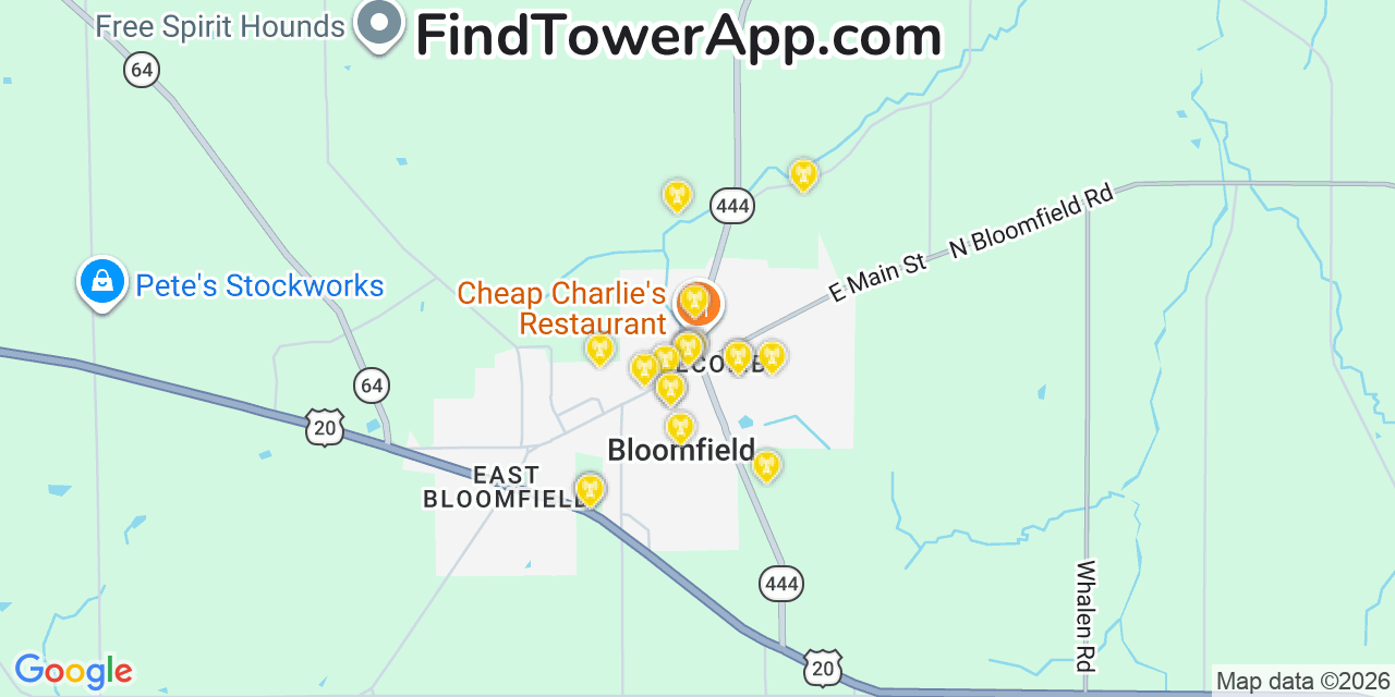 Map showing the 20 primary cell tower locations detected in Holcomb, New York from AT&T, Verizon, and T-Mobile networks