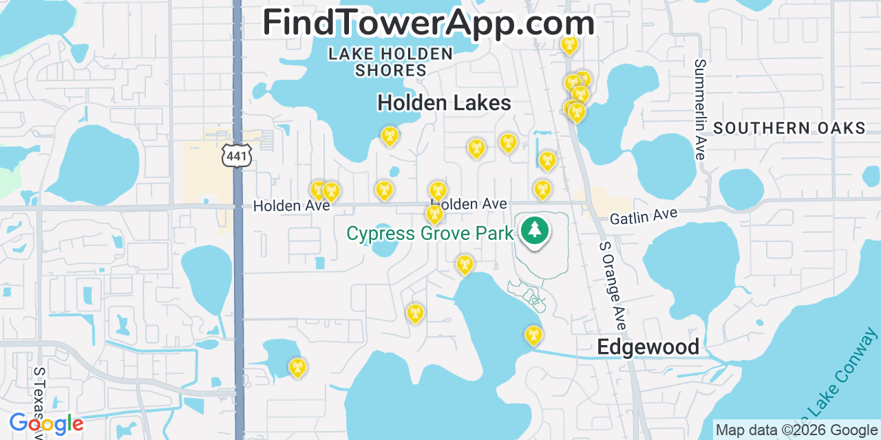 Map showing the 20 primary cell tower locations detected in Holden Heights, Florida from AT&T, Verizon, and T-Mobile networks