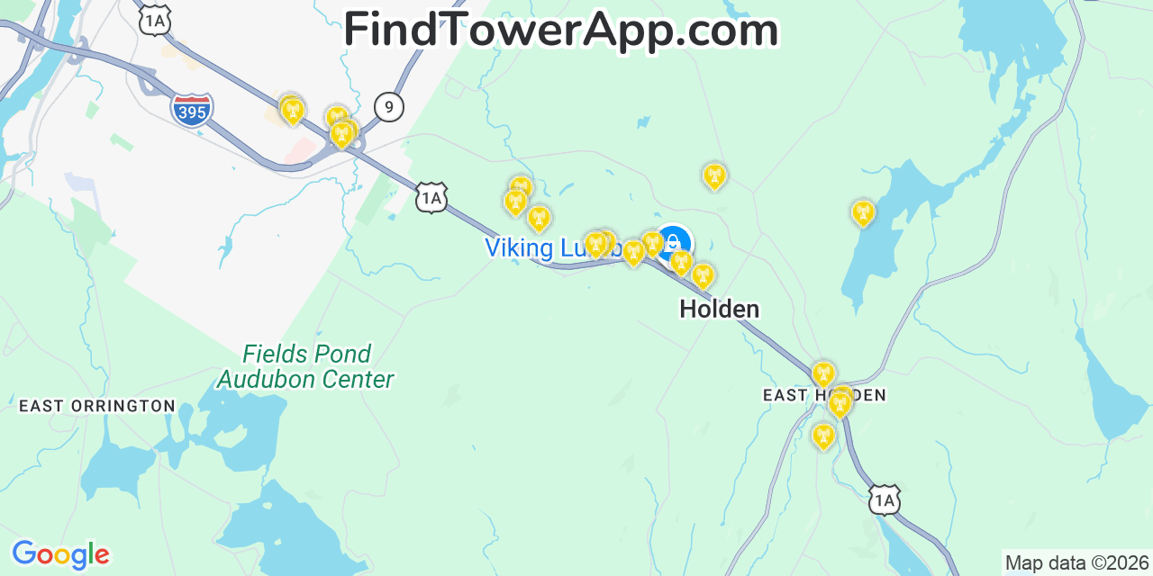 Map showing the 20 primary cell tower locations detected in Holden, Maine from AT&T, Verizon, and T-Mobile networks