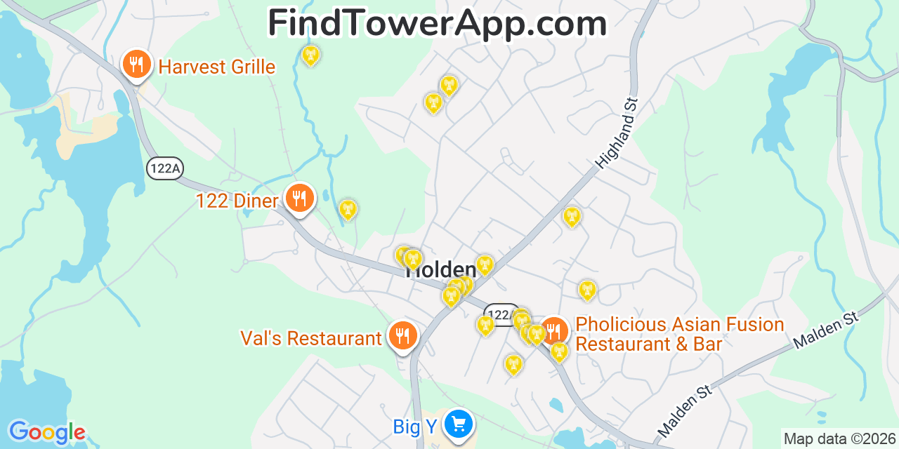 Map showing the 20 primary cell tower locations detected in Holden, Massachusetts from AT&T, Verizon, and T-Mobile networks