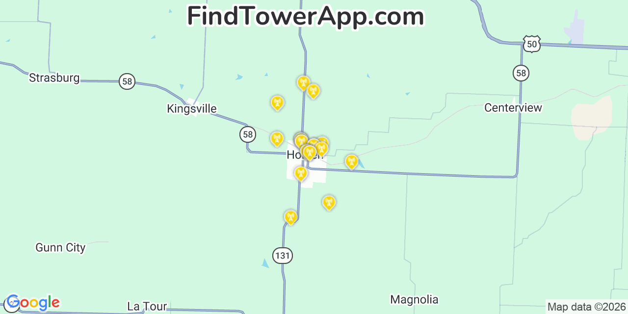 Map showing the 20 primary cell tower locations detected in Holden, Missouri from AT&T, Verizon, and T-Mobile networks