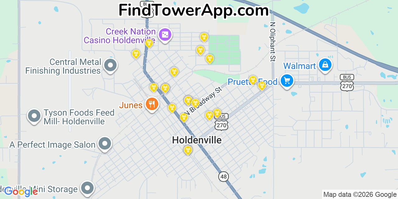 Map showing the 20 primary cell tower locations detected in Holdenville, Oklahoma from AT&T, Verizon, and T-Mobile networks