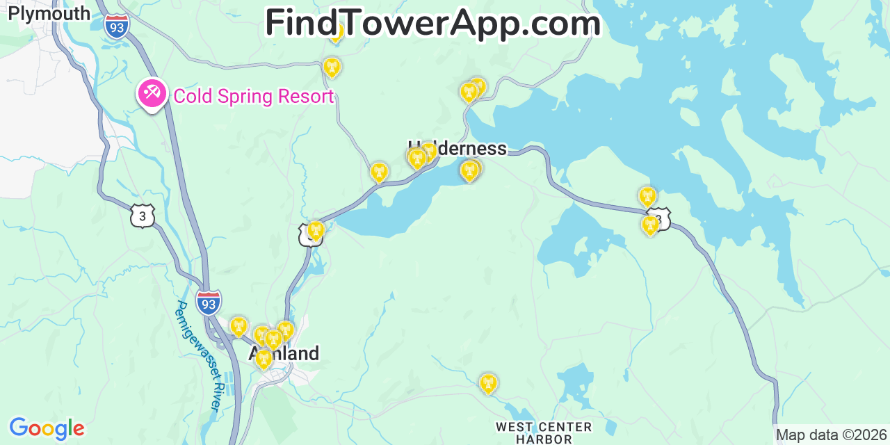 Map showing the 20 primary cell tower locations detected in Holderness, New Hampshire from AT&T, Verizon, and T-Mobile networks