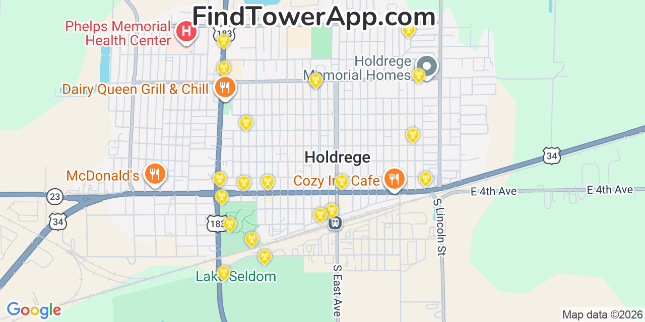 Map showing the 20 primary cell tower locations detected in Holdrege, Nebraska from AT&T, Verizon, and T-Mobile networks