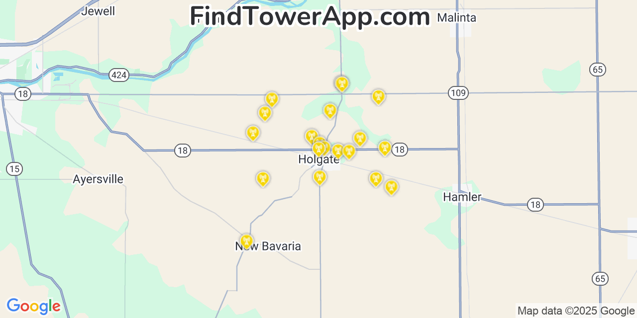 Map showing the 20 primary cell tower locations detected in Holgate, Ohio from AT&T, Verizon, and T-Mobile networks