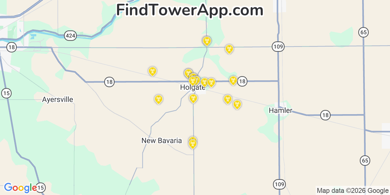 Map showing the 20 primary cell tower locations detected in Holgate, Ohio from AT&T, Verizon, and T-Mobile networks