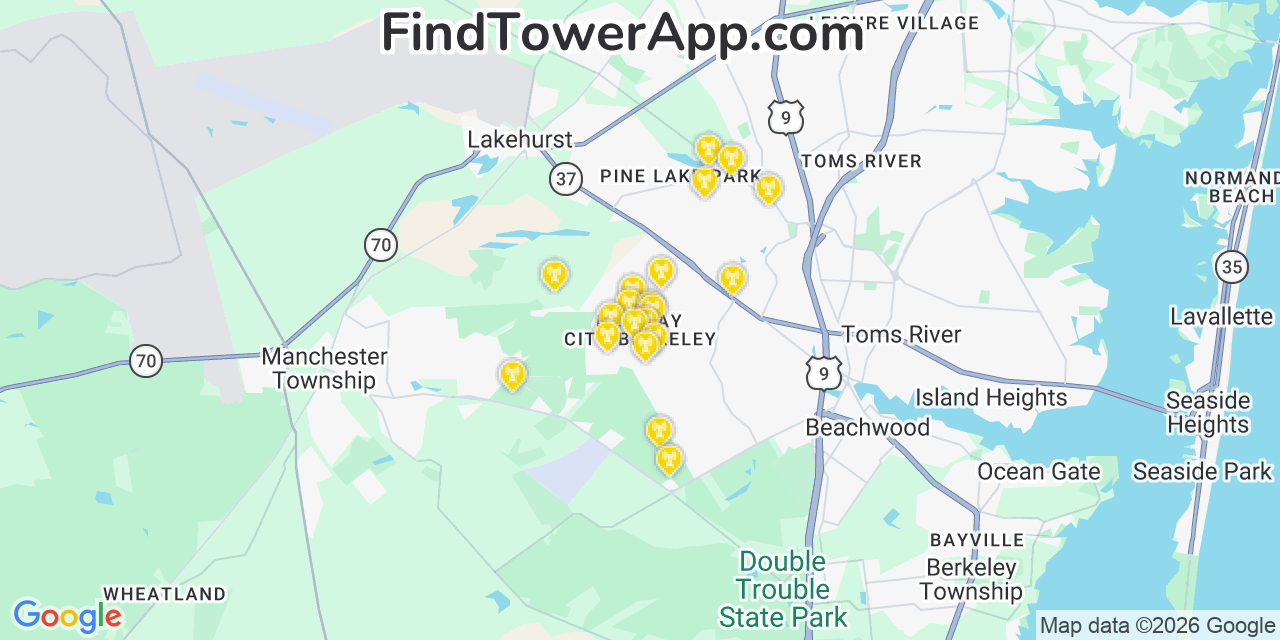 Map showing the 20 primary cell tower locations detected in Holiday City Berkeley, New Jersey from AT&T, Verizon, and T-Mobile networks