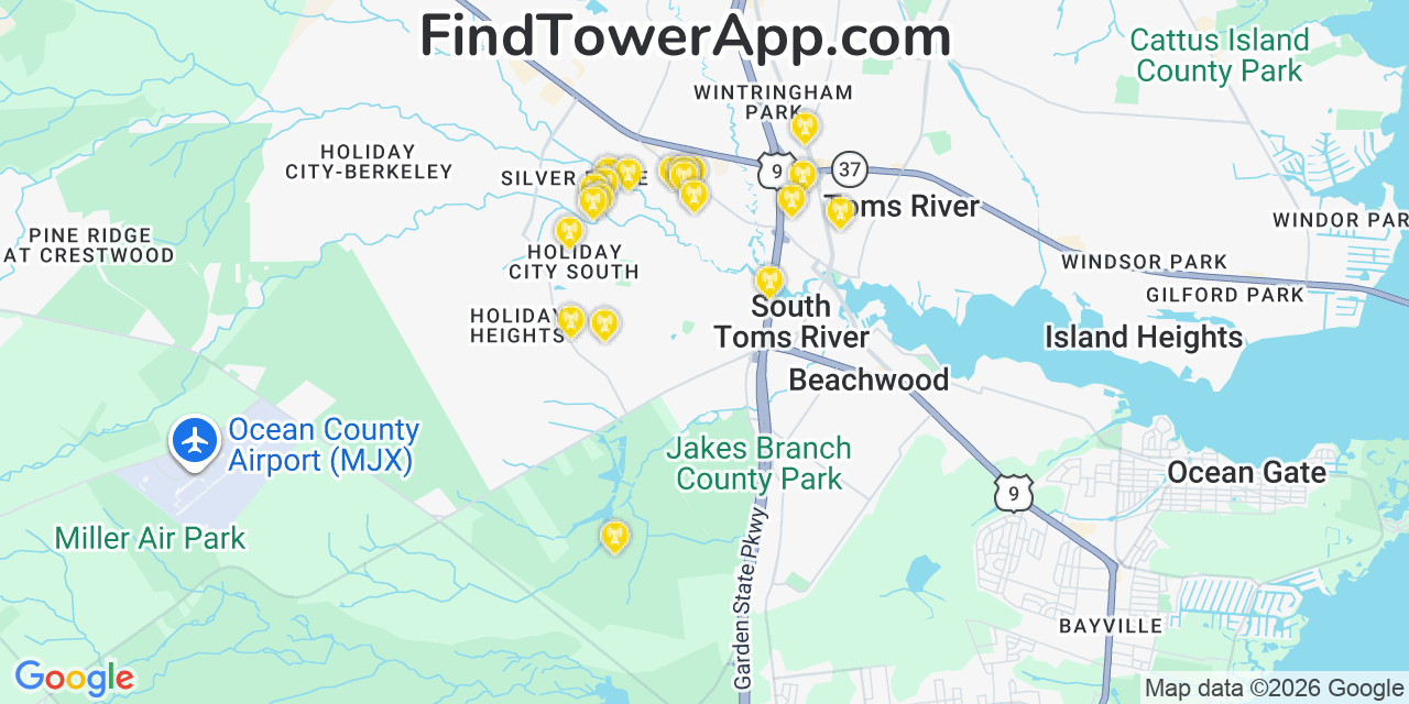 Map showing the 20 primary cell tower locations detected in Holiday City South, New Jersey from AT&T, Verizon, and T-Mobile networks