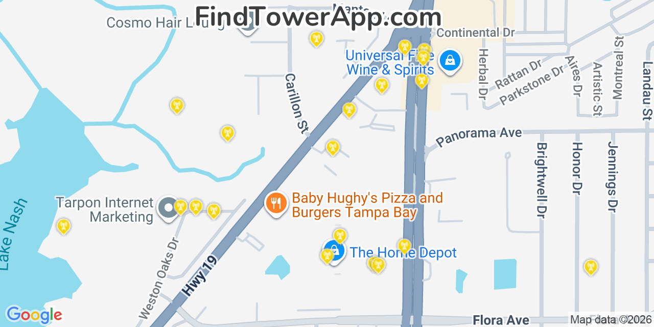 Map showing the 20 primary cell tower locations detected in Holiday, Florida from AT&T, Verizon, and T-Mobile networks