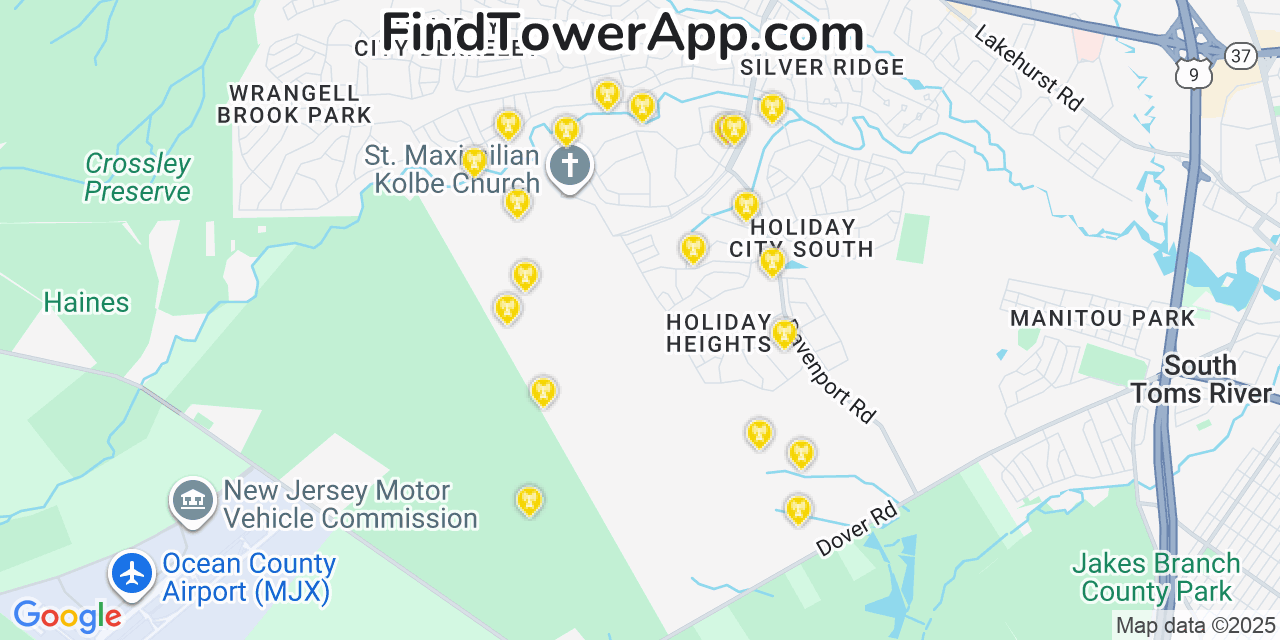 Map showing the 20 primary cell tower locations detected in Holiday Heights, New Jersey from AT&T, Verizon, and T-Mobile networks