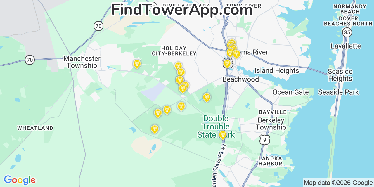 Map showing the 20 primary cell tower locations detected in Holiday Heights, New Jersey from AT&T, Verizon, and T-Mobile networks