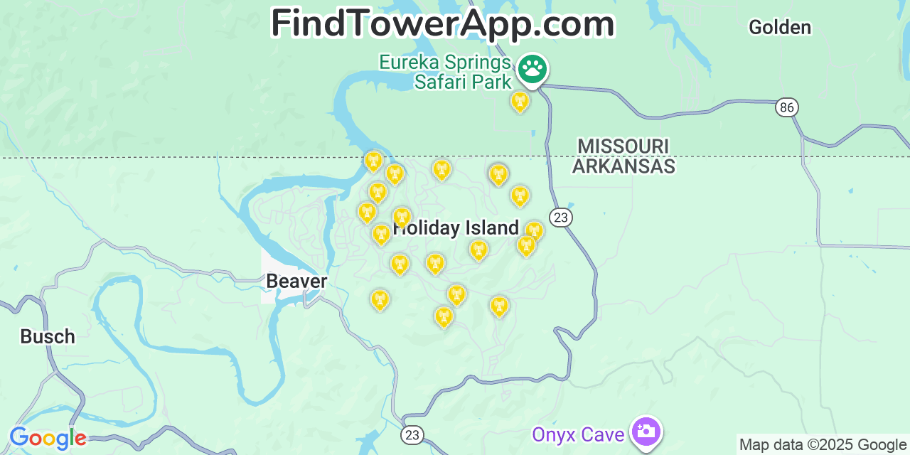 Map showing the 20 primary cell tower locations detected in Holiday Island, Arkansas from AT&T, Verizon, and T-Mobile networks