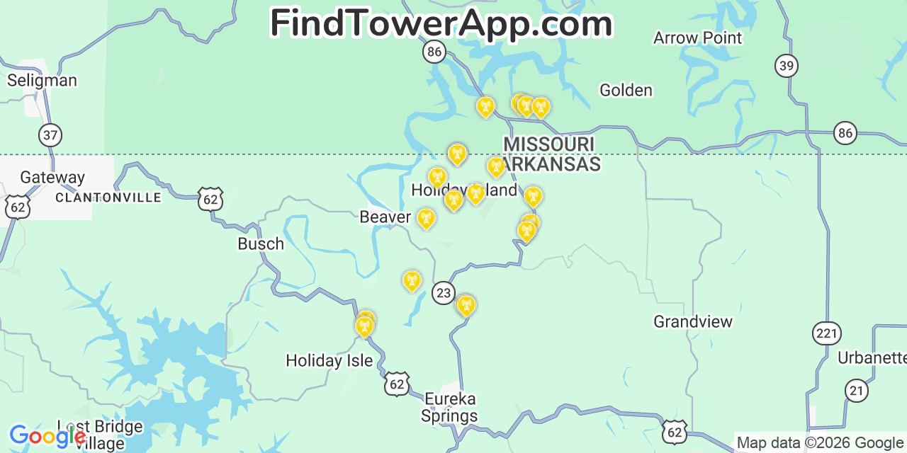 Map showing the 20 primary cell tower locations detected in Holiday Island, Arkansas from AT&T, Verizon, and T-Mobile networks
