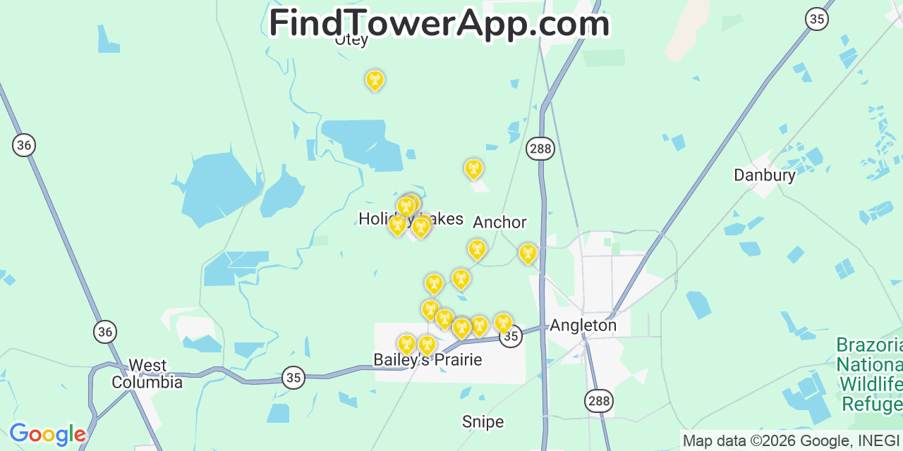 Map showing the 20 primary cell tower locations detected in Holiday Lakes, Texas from AT&T, Verizon, and T-Mobile networks