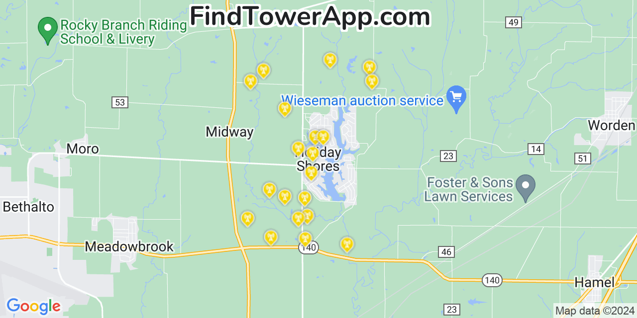 AT&T 4G/5G cell tower coverage map Holiday Shores, Illinois