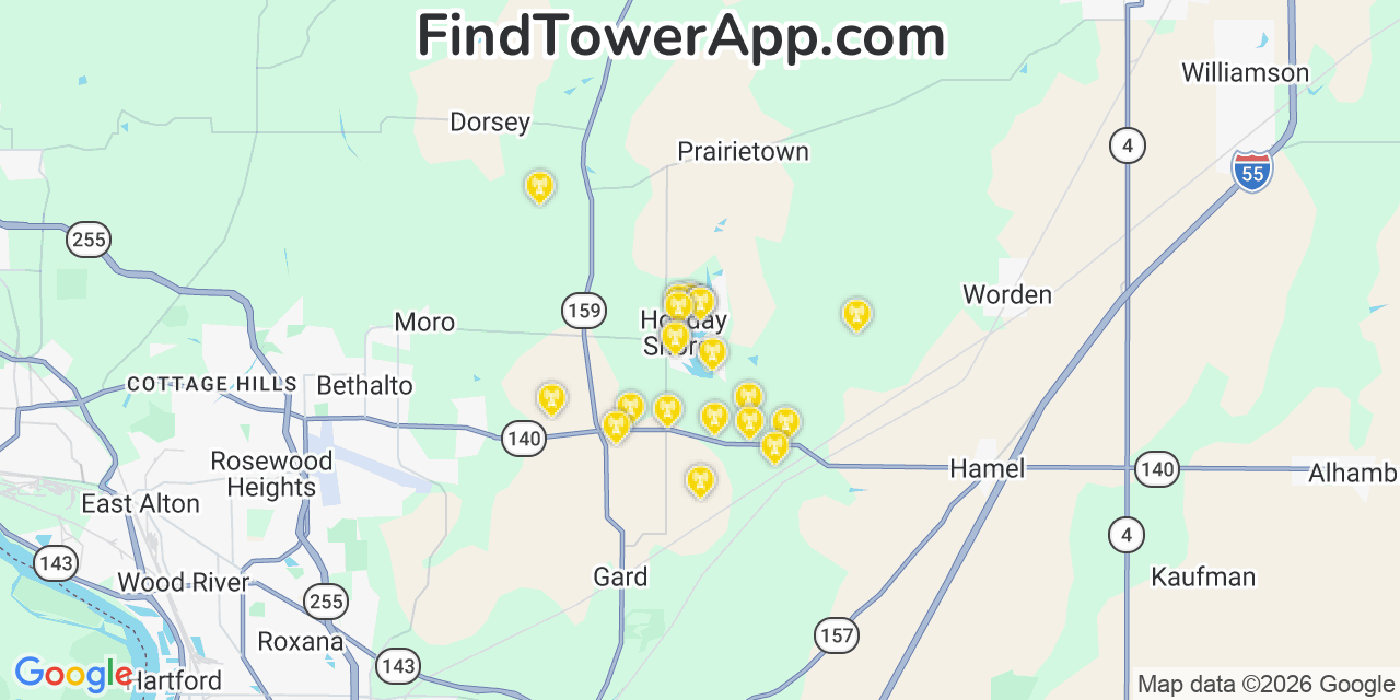 Map showing the 20 primary cell tower locations detected in Holiday Shores, Illinois from AT&T, Verizon, and T-Mobile networks