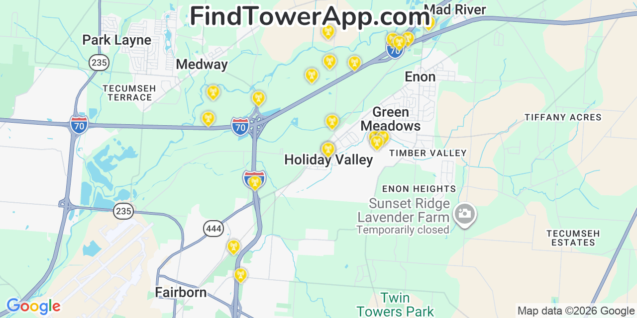 Map showing the 20 primary cell tower locations detected in Holiday Valley, Ohio from AT&T, Verizon, and T-Mobile networks