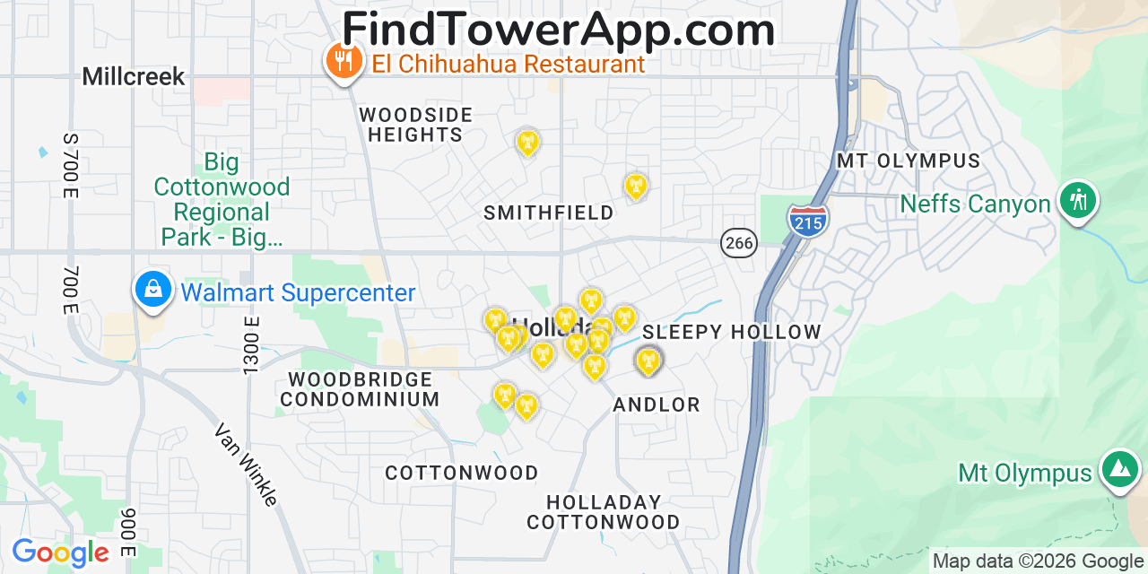 Map showing the 20 primary cell tower locations detected in Holladay, Utah from AT&T, Verizon, and T-Mobile networks