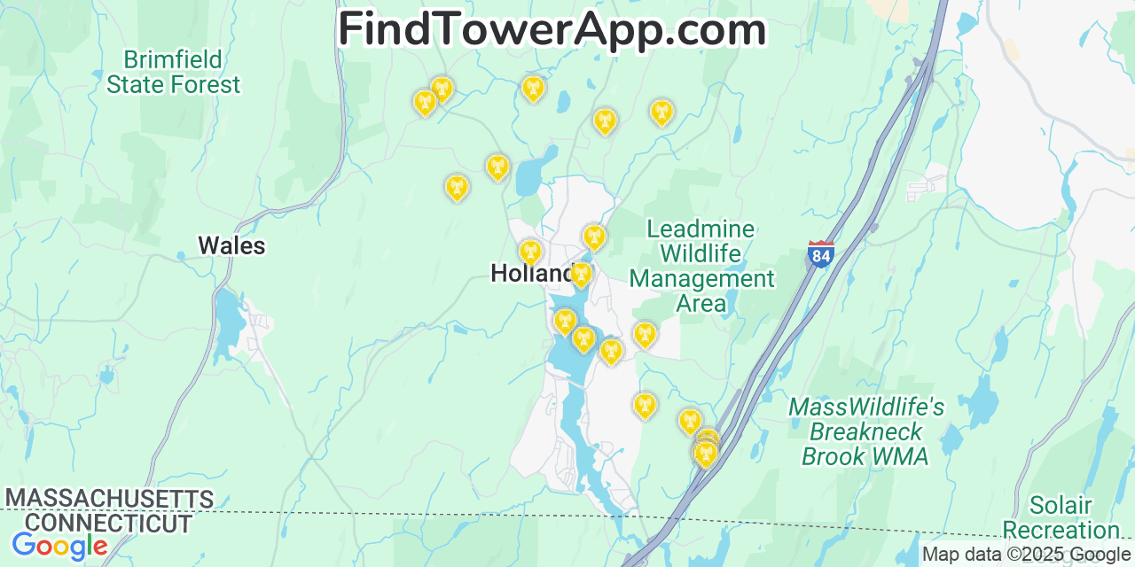 Map showing the 20 primary cell tower locations detected in Holland, Massachusetts from AT&T, Verizon, and T-Mobile networks