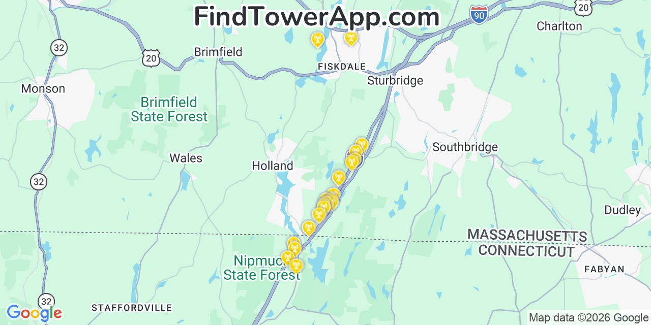 Map showing the 20 primary cell tower locations detected in Holland, Massachusetts from AT&T, Verizon, and T-Mobile networks