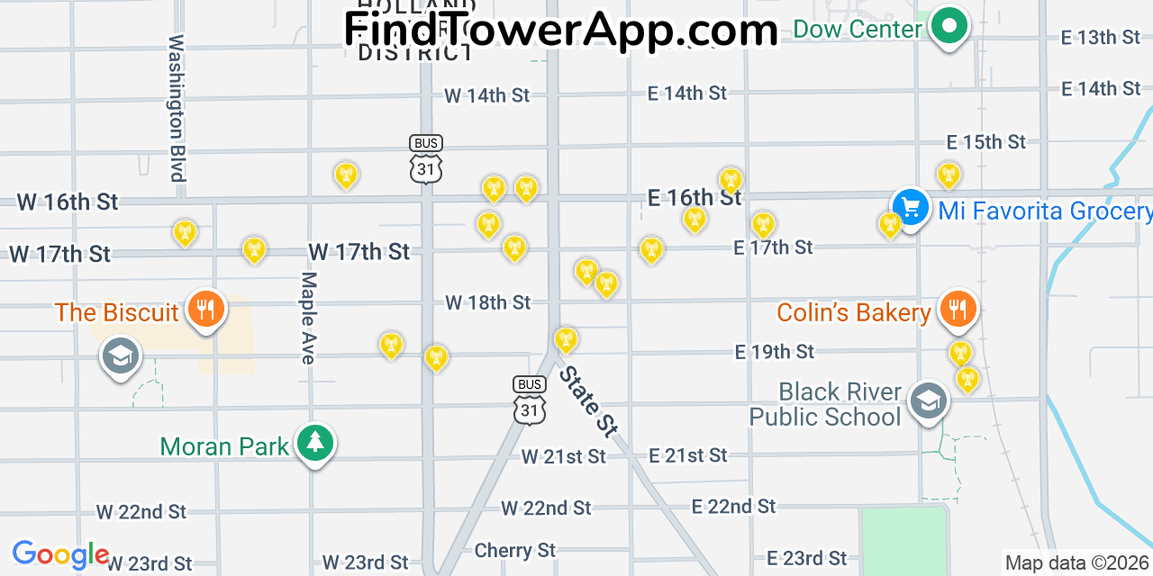 Map showing the 20 primary cell tower locations detected in Holland, Michigan from AT&T, Verizon, and T-Mobile networks