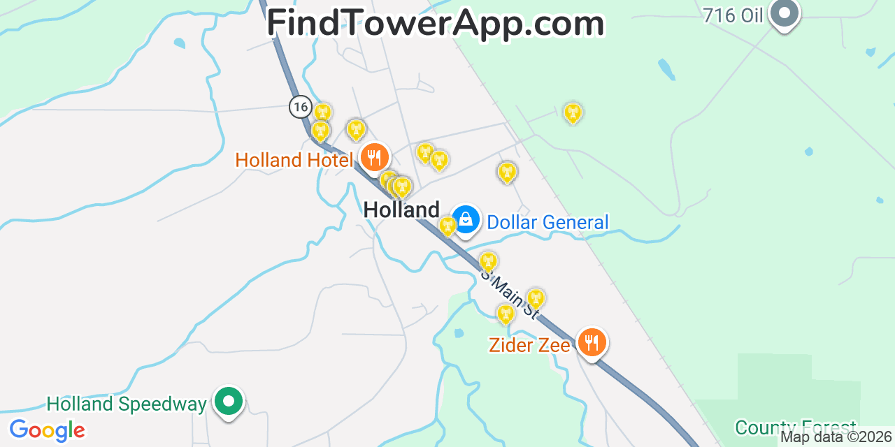 Map showing the 20 primary cell tower locations detected in Holland, New York from AT&T, Verizon, and T-Mobile networks