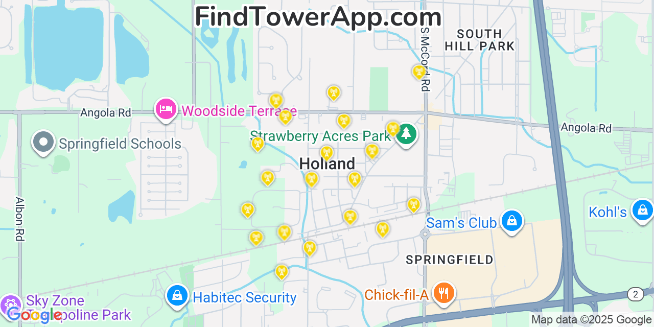 Map showing the 20 primary cell tower locations detected in Holland, Ohio from AT&T, Verizon, and T-Mobile networks