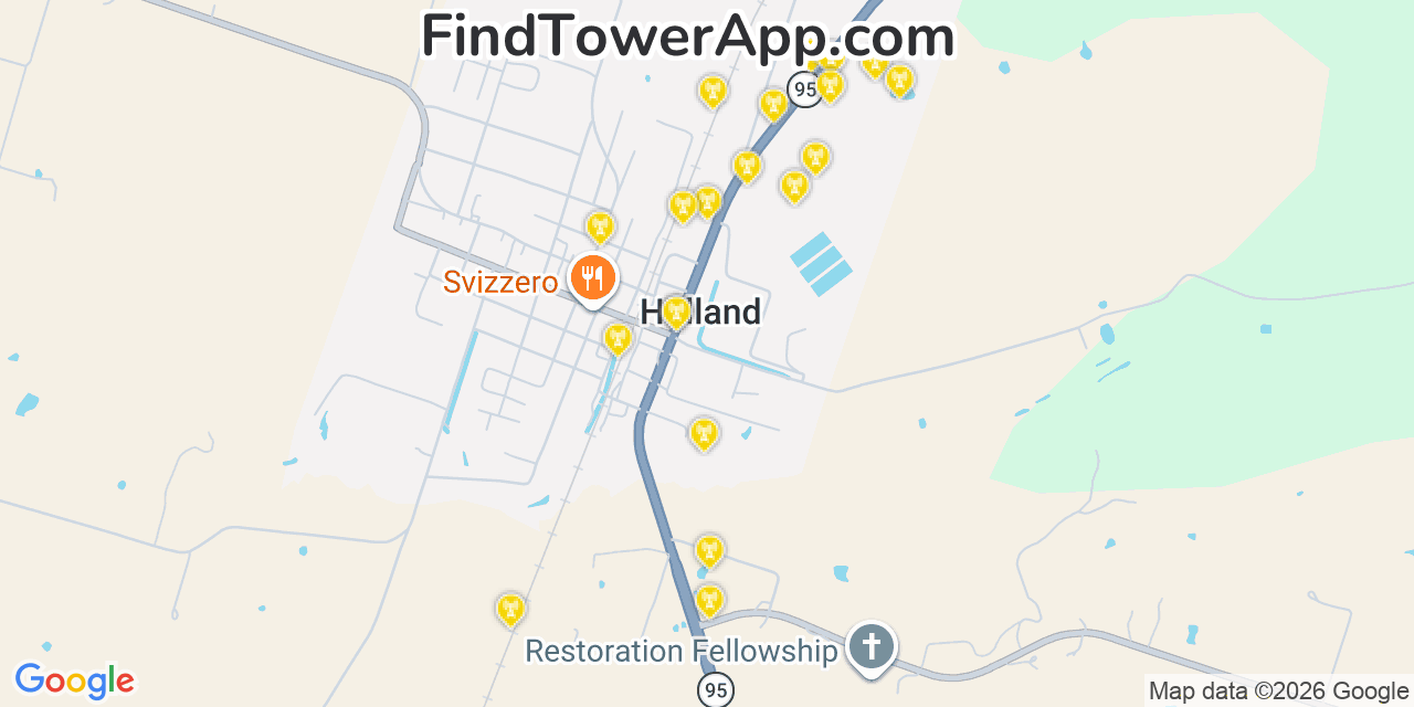 Map showing the 20 primary cell tower locations detected in Holland, Texas from AT&T, Verizon, and T-Mobile networks