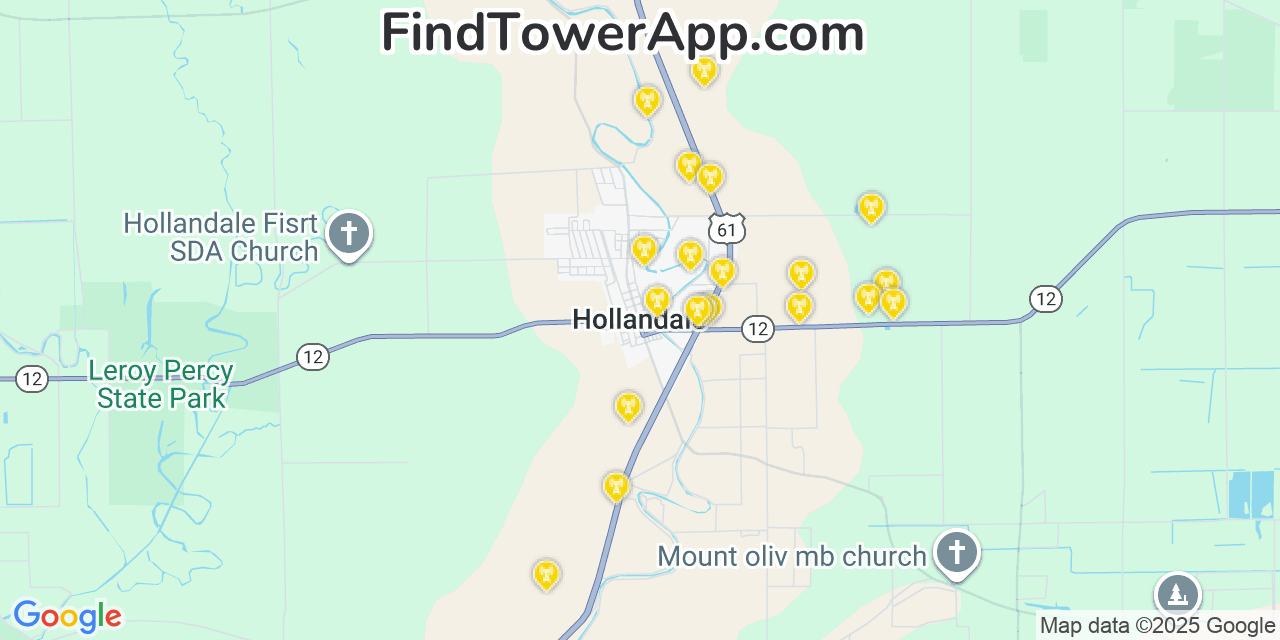 Map showing the 20 primary cell tower locations detected in Hollandale, Mississippi from AT&T, Verizon, and T-Mobile networks