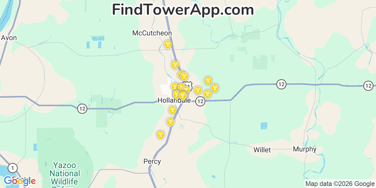 Map showing the 20 primary cell tower locations detected in Hollandale, Mississippi from AT&T, Verizon, and T-Mobile networks