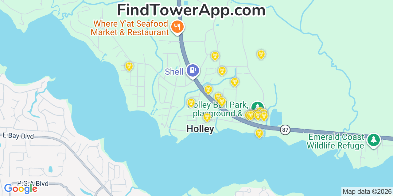 Map showing the 20 primary cell tower locations detected in Holley, Florida from AT&T, Verizon, and T-Mobile networks