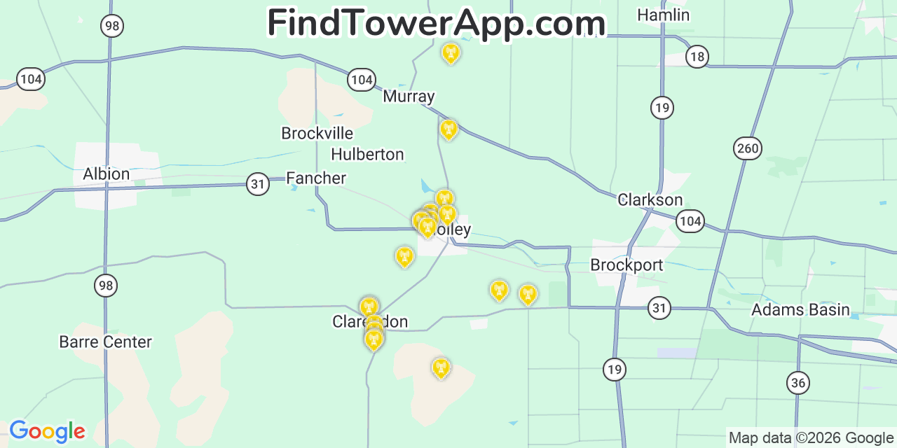 Map showing the 20 primary cell tower locations detected in Holley, New York from AT&T, Verizon, and T-Mobile networks