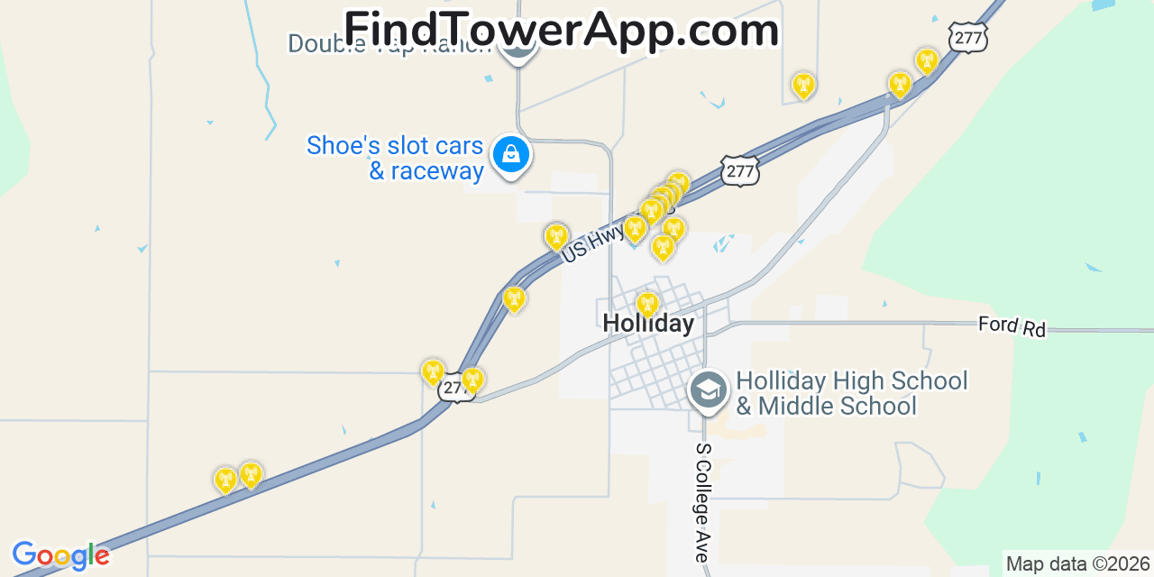 Map showing the 20 primary cell tower locations detected in Holliday, Texas from AT&T, Verizon, and T-Mobile networks