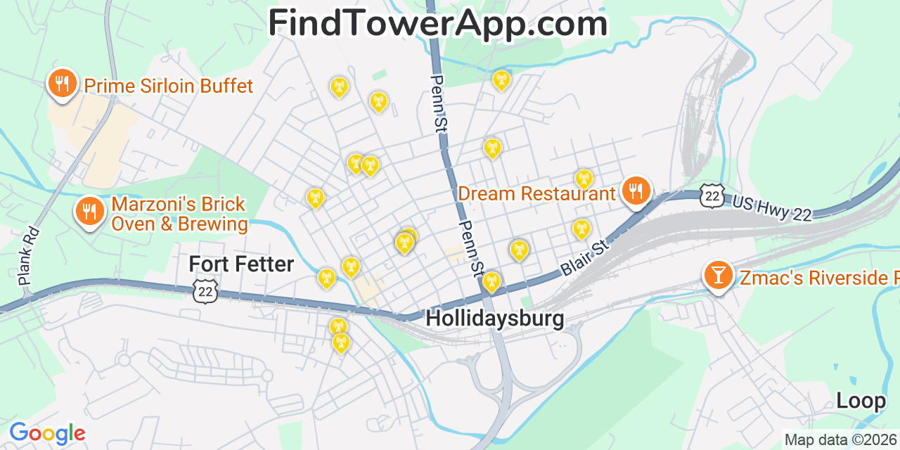 Map showing the 20 primary cell tower locations detected in Hollidaysburg, Pennsylvania from AT&T, Verizon, and T-Mobile networks