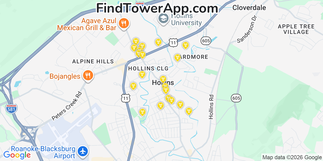 Map showing the 20 primary cell tower locations detected in Hollins, Virginia from AT&T, Verizon, and T-Mobile networks