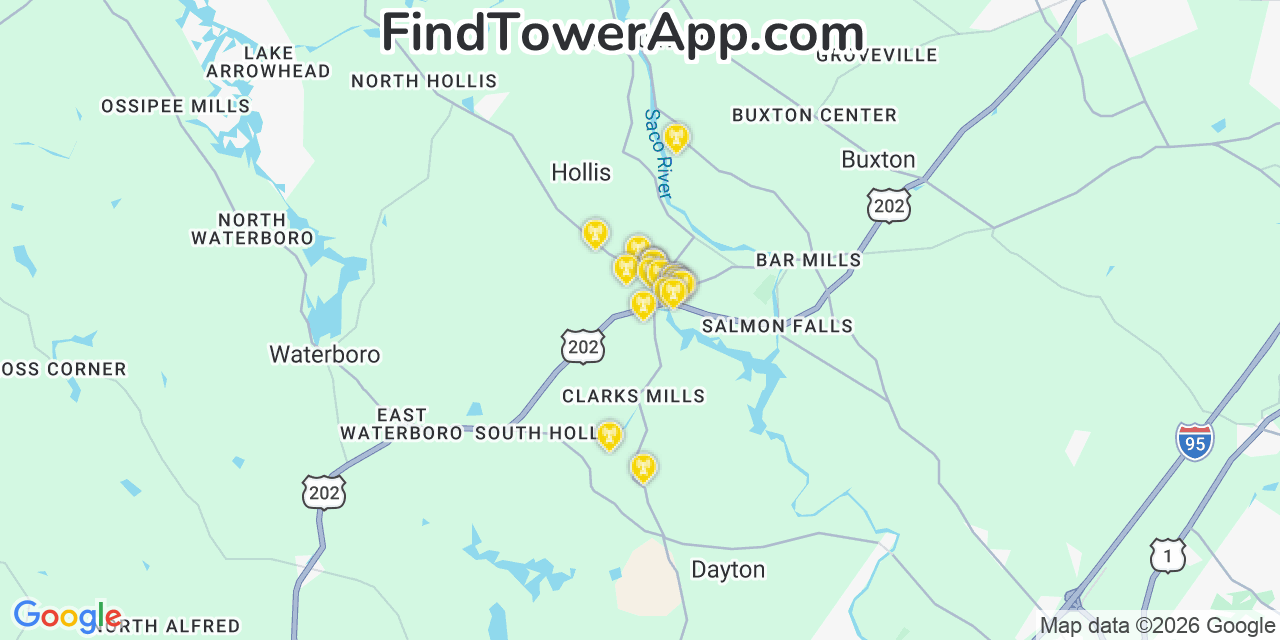 Map showing the 20 primary cell tower locations detected in Hollis Center, Maine from AT&T, Verizon, and T-Mobile networks