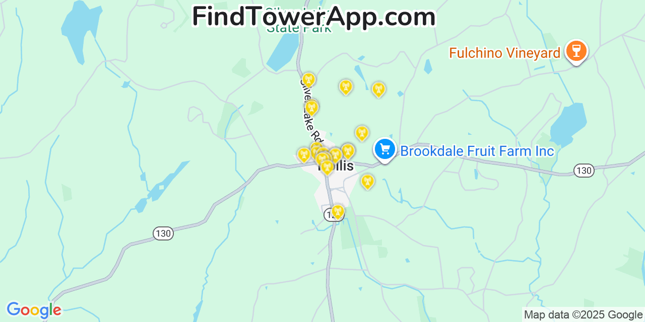 Map showing the 20 primary cell tower locations detected in Hollis, New Hampshire from AT&T, Verizon, and T-Mobile networks