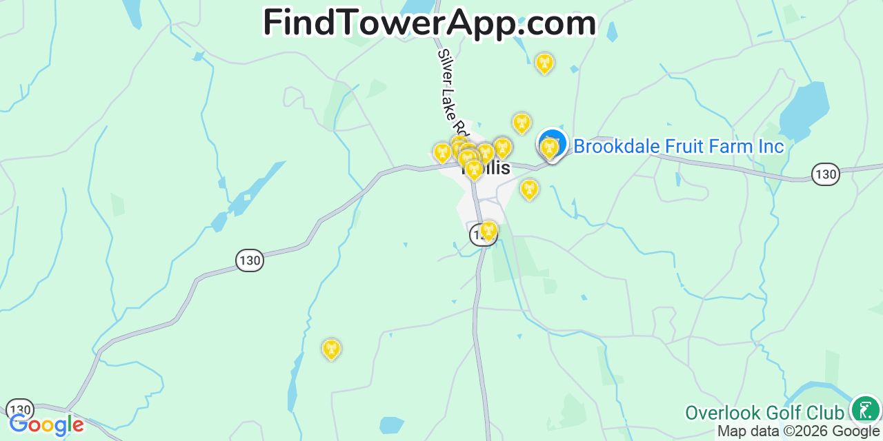 Map showing the 20 primary cell tower locations detected in Hollis, New Hampshire from AT&T, Verizon, and T-Mobile networks