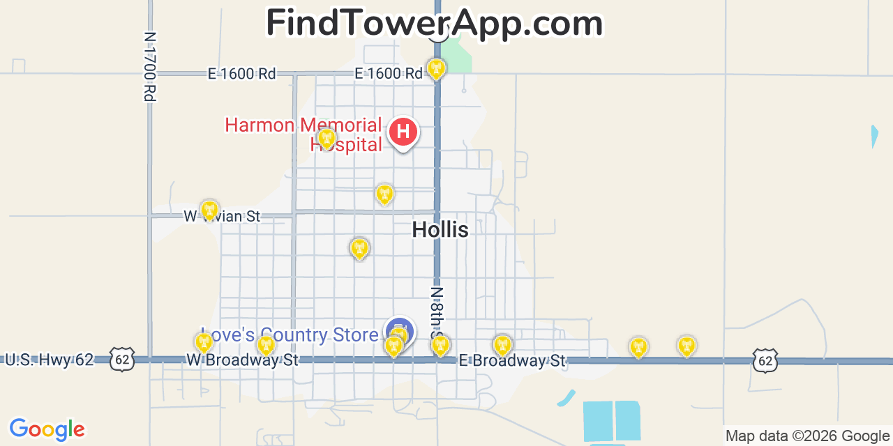 Map showing the 20 primary cell tower locations detected in Hollis, Oklahoma from AT&T, Verizon, and T-Mobile networks